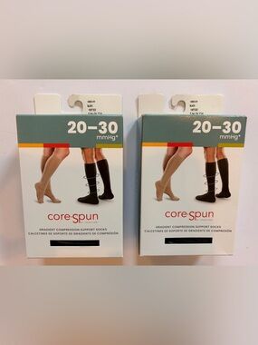 Core-Spun Compression Socks 20-30 mmHg. Set of 2. Black, Medium, New.